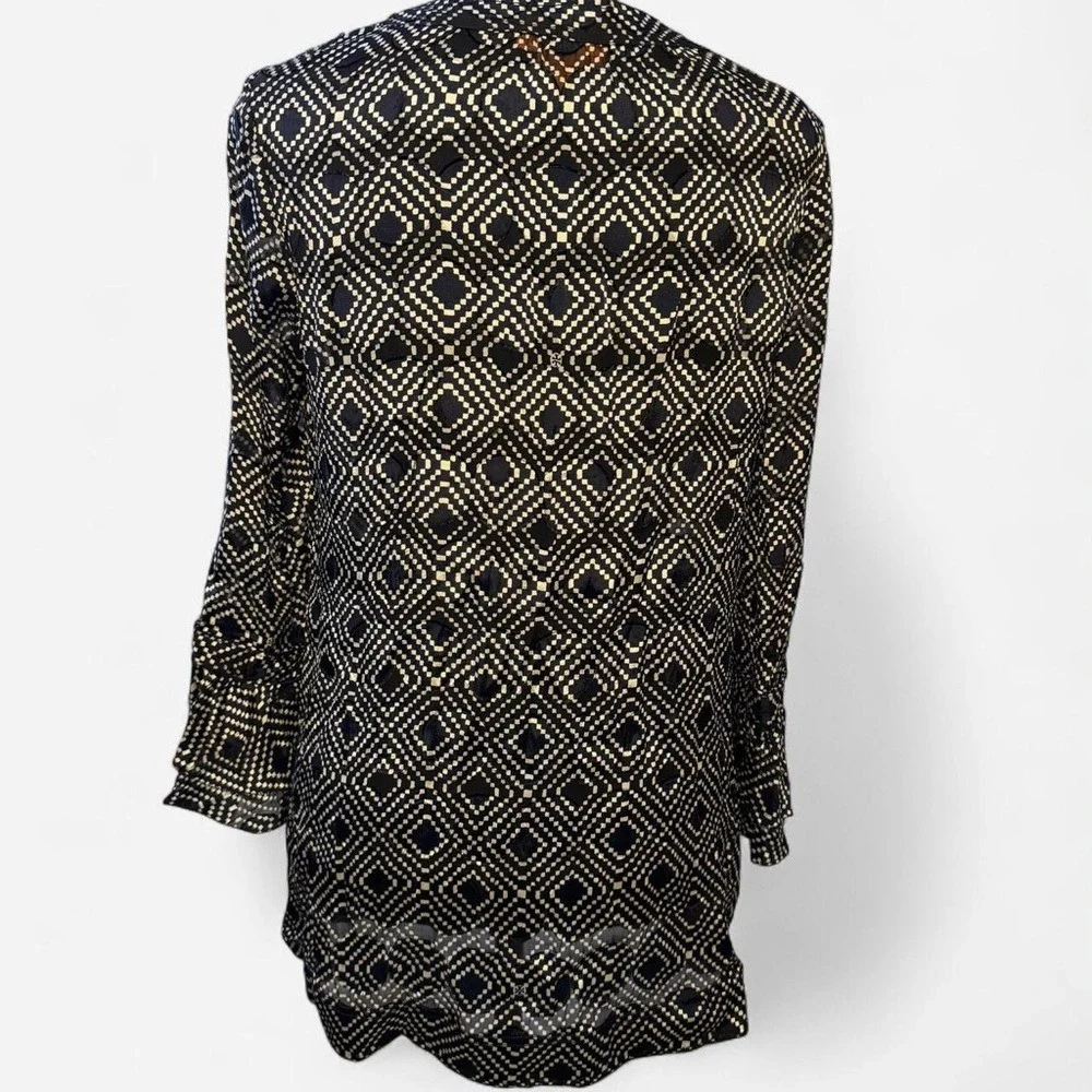 Tory Burch Navy Diamond Print Silk Ruffle Tunic Blouse Bell‎ Sleeve Size 4